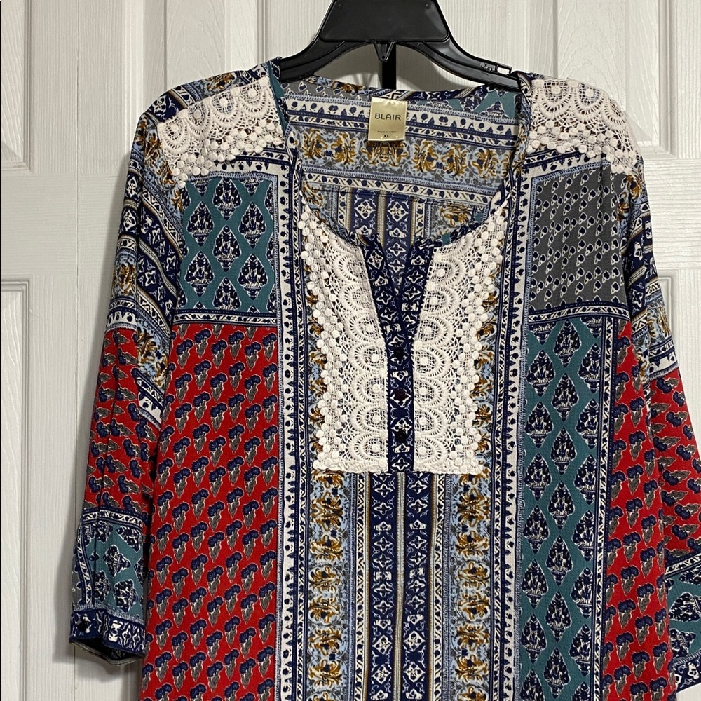 Blair Boho smock style patchwork lace trim multicolor top size XL - Picture 2 of 14